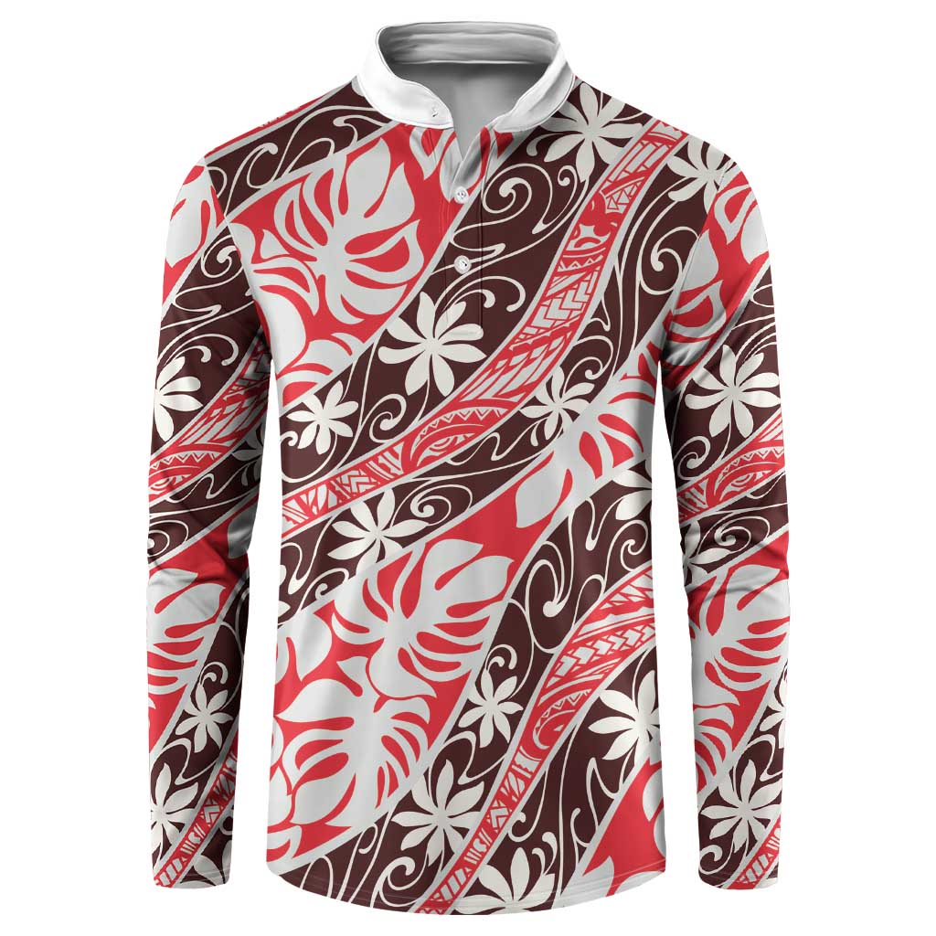 Uteute Tahiti Tiare Monstera Button Sweatshirt Polynesian Pattern Curve Style LT01 Red - Polynesian Pride
