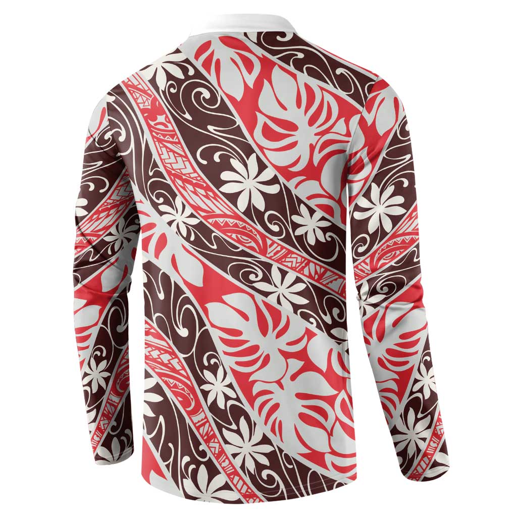 Uteute Tahiti Tiare Monstera Button Sweatshirt Polynesian Pattern Curve Style - Polynesian Pride