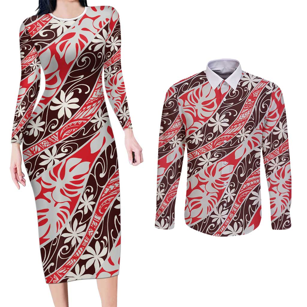 Uteute Tahiti Tiare Monstera Couples Matching Long Sleeve Bodycon Dress and Long Sleeve Button Shirt Polynesian Pattern Curve Style LT01 Red - Polynesian Pride