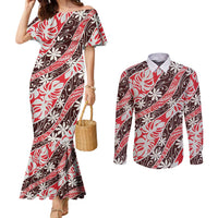 Uteute Tahiti Tiare Monstera Couples Matching Mermaid Dress and Long Sleeve Button Shirt Polynesian Pattern Curve Style LT01 Red - Polynesian Pride