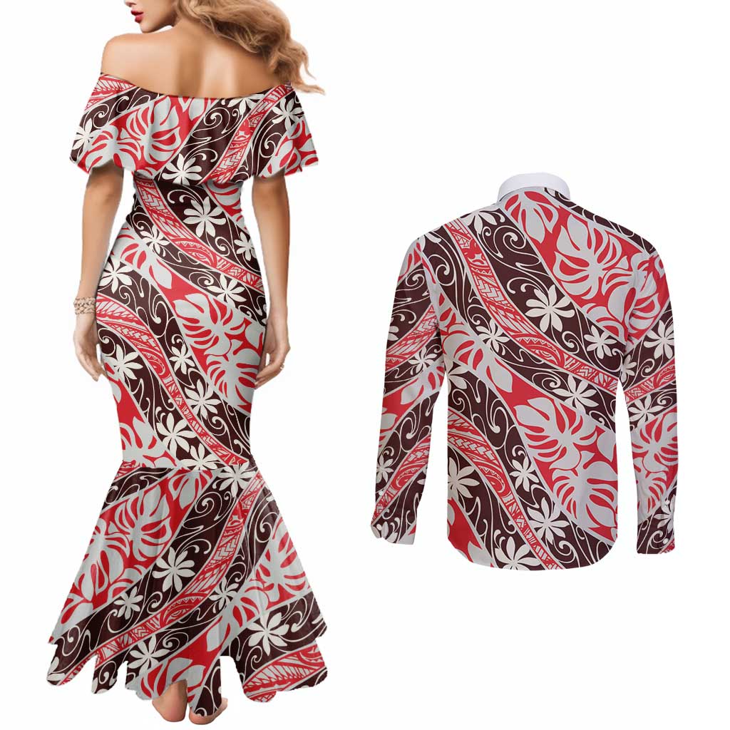 Uteute Tahiti Tiare Monstera Couples Matching Mermaid Dress and Long Sleeve Button Shirt Polynesian Pattern Curve Style LT01 - Polynesian Pride