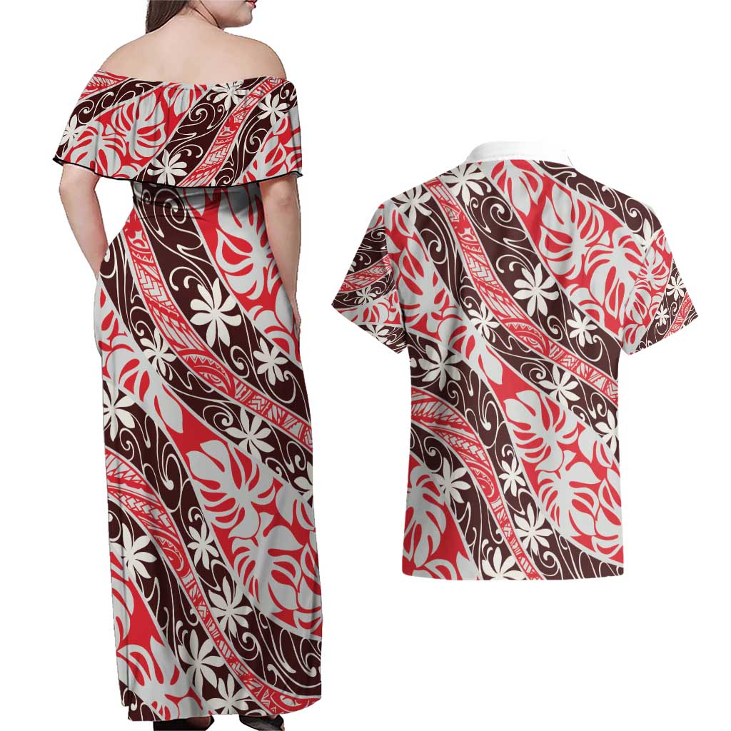 Uteute Tahiti Tiare Monstera Couples Matching Off Shoulder Maxi Dress and Hawaiian Shirt Polynesian Pattern Curve Style - Polynesian Pride