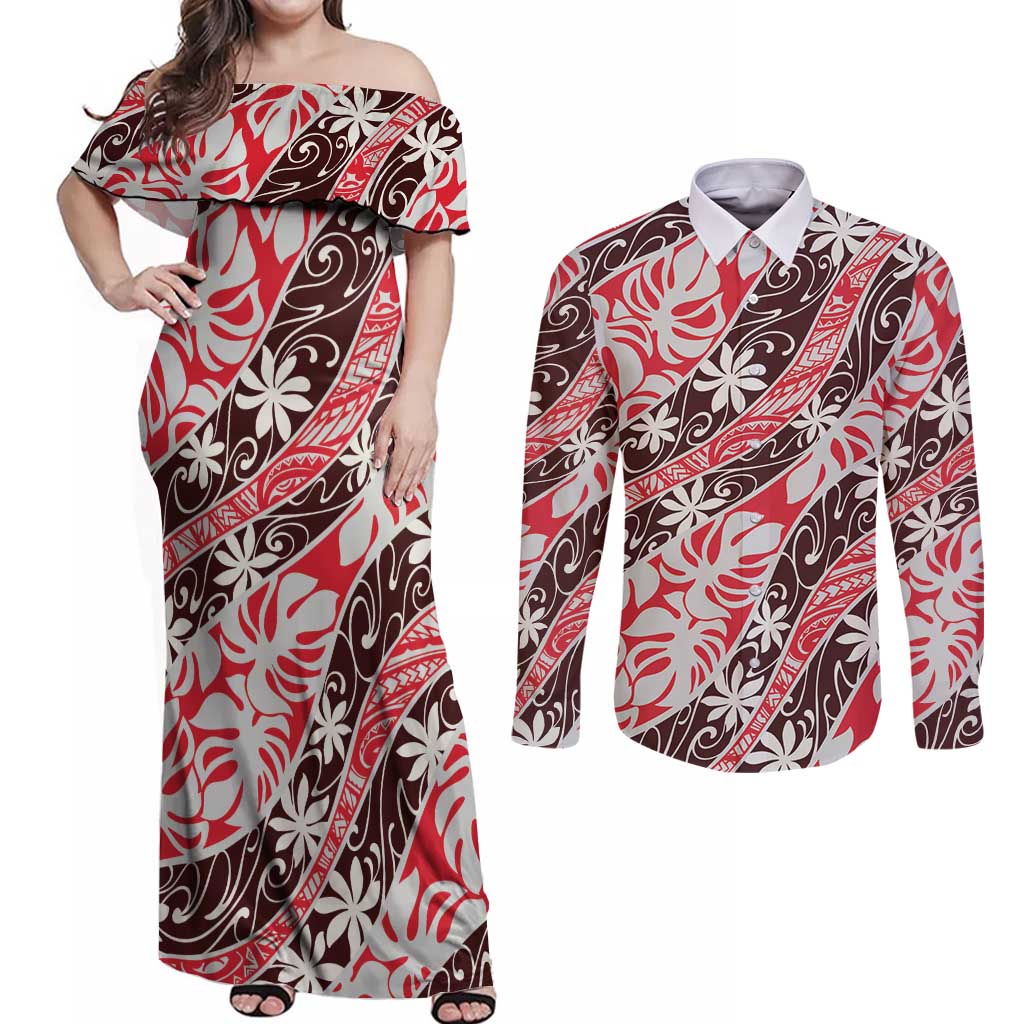 Uteute Tahiti Tiare Monstera Couples Matching Off Shoulder Maxi Dress and Long Sleeve Button Shirt Polynesian Pattern Curve Style LT01 Red - Polynesian Pride