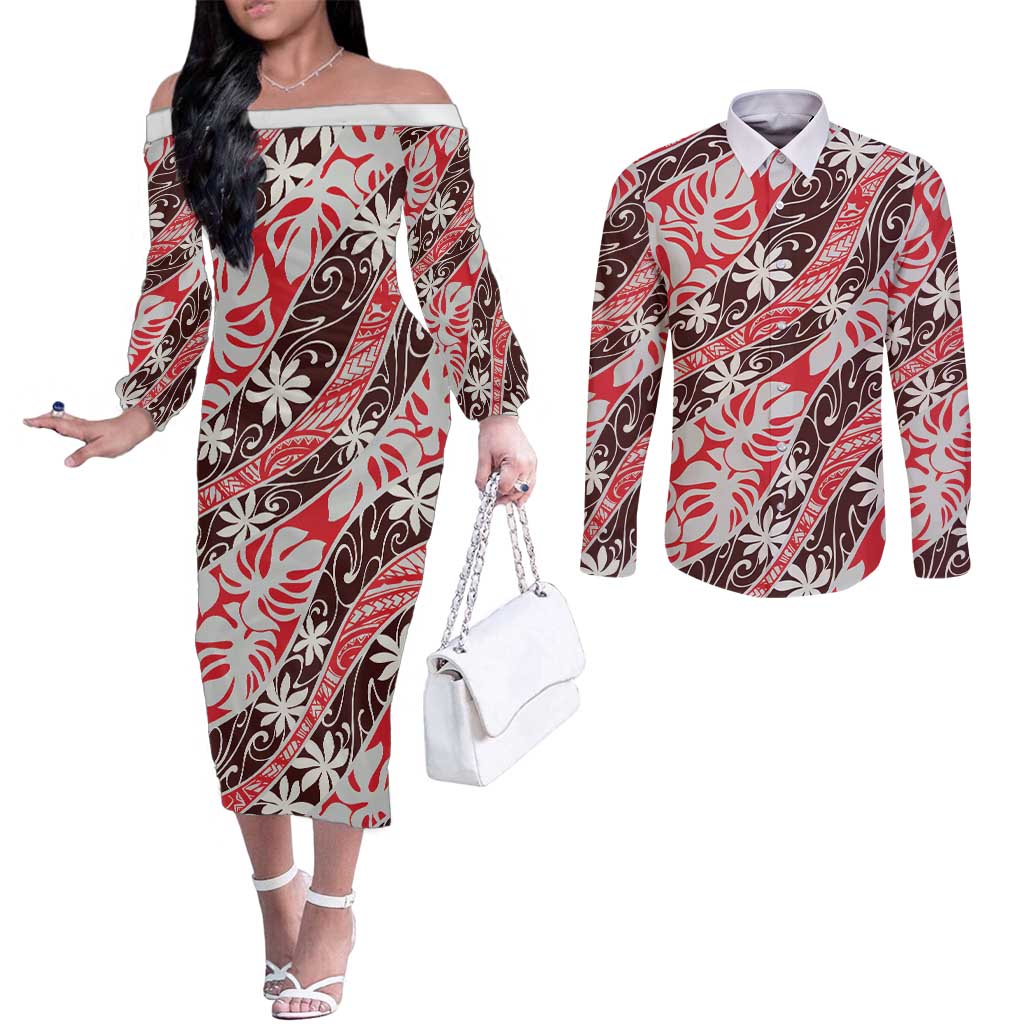 Uteute Tahiti Tiare Monstera Couples Matching Off The Shoulder Long Sleeve Dress and Long Sleeve Button Shirt Polynesian Pattern Curve Style LT01 Red - Polynesian Pride