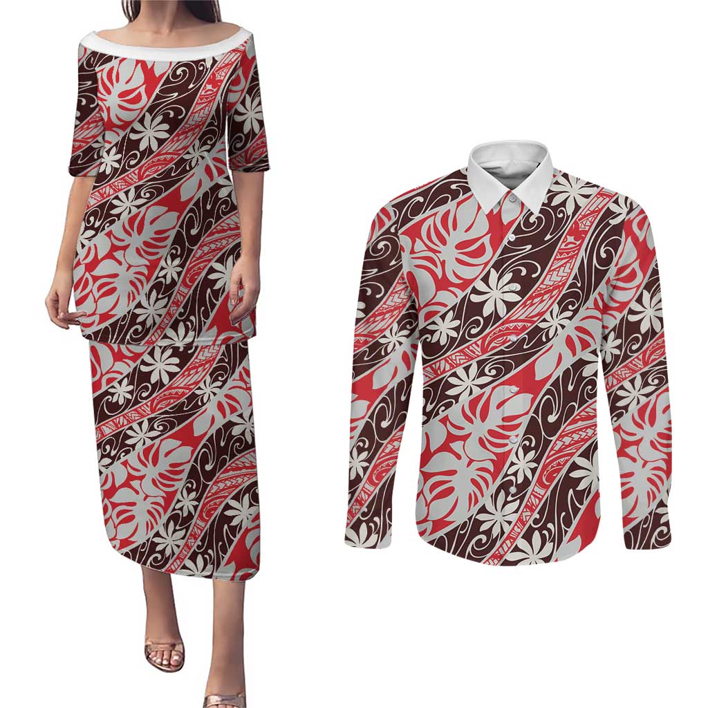 Uteute Tahiti Tiare Monstera Couples Matching Puletasi and Long Sleeve Button Shirt Polynesian Pattern Curve Style - Polynesian Pride