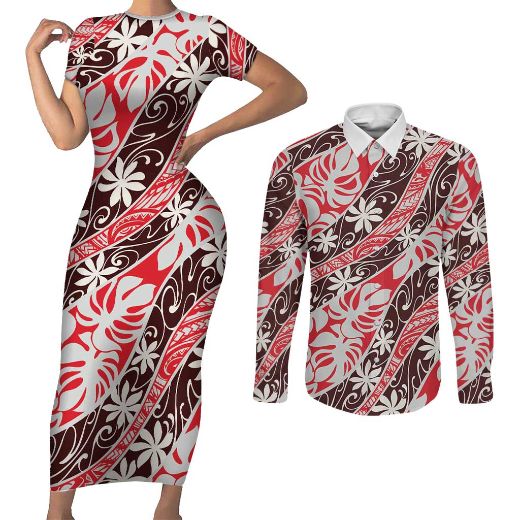 Uteute Tahiti Tiare Monstera Couples Matching Short Sleeve Bodycon Dress and Long Sleeve Button Shirt Polynesian Pattern Curve Style LT01 Red - Polynesian Pride