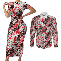 Uteute Tahiti Tiare Monstera Couples Matching Short Sleeve Bodycon Dress and Long Sleeve Button Shirt Polynesian Pattern Curve Style LT01 Red - Polynesian Pride