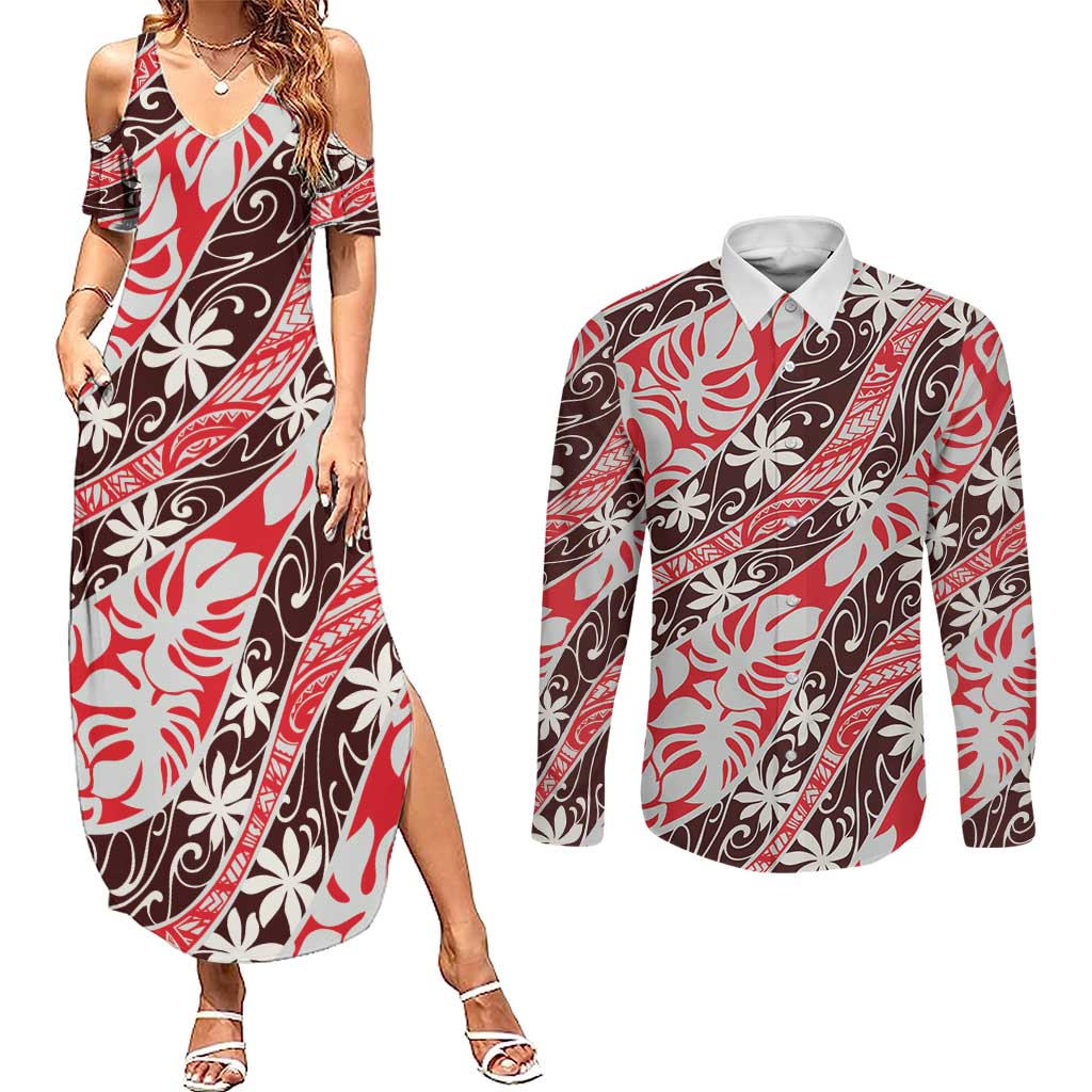 Uteute Tahiti Tiare Monstera Couples Matching Summer Maxi Dress and Long Sleeve Button Shirt Polynesian Pattern Curve Style LT01 Red - Polynesian Pride