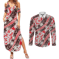 Uteute Tahiti Tiare Monstera Couples Matching Summer Maxi Dress and Long Sleeve Button Shirt Polynesian Pattern Curve Style - Polynesian Pride