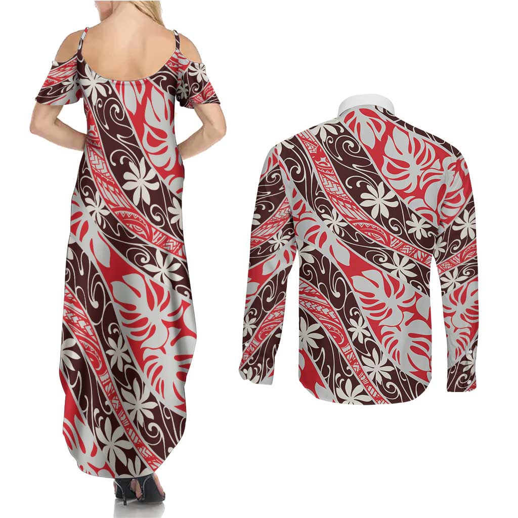 Uteute Tahiti Tiare Monstera Couples Matching Summer Maxi Dress and Long Sleeve Button Shirt Polynesian Pattern Curve Style - Polynesian Pride