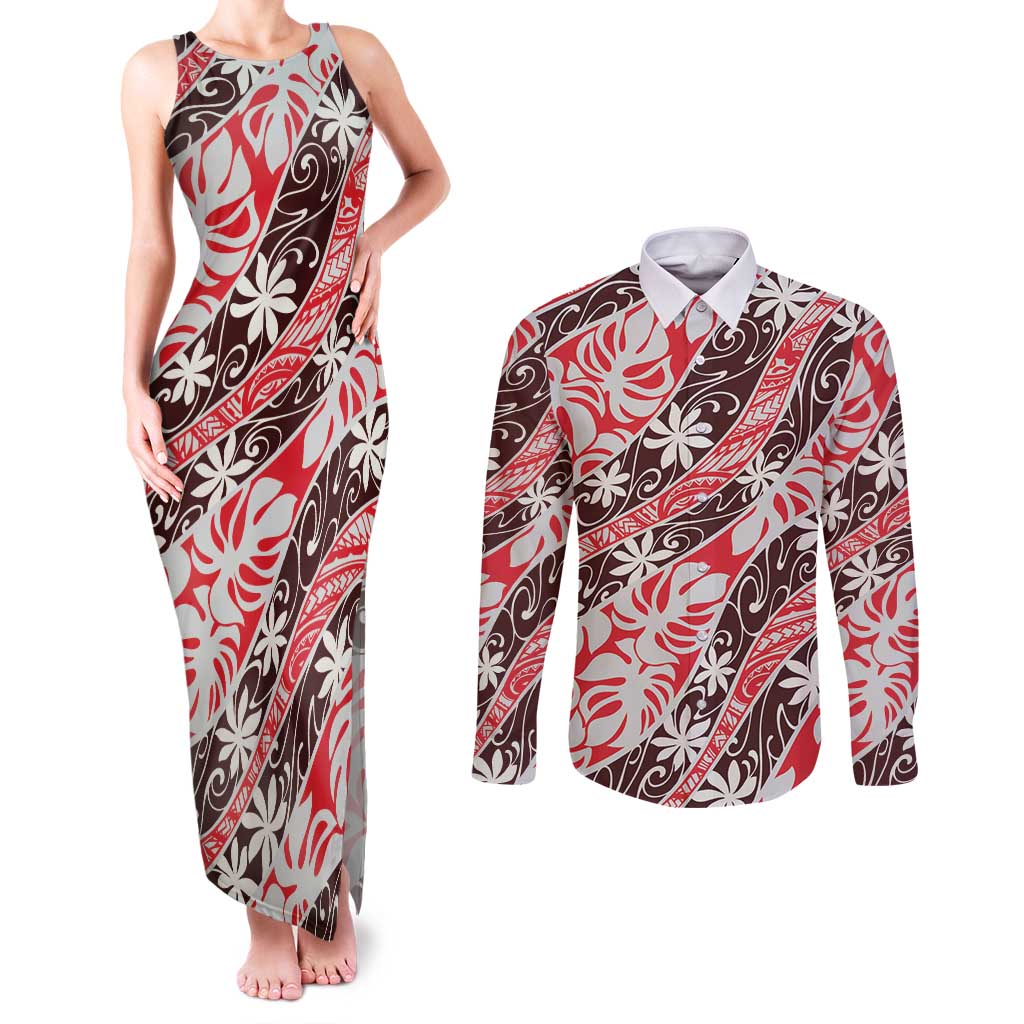 Uteute Tahiti Tiare Monstera Couples Matching Tank Maxi Dress and Long Sleeve Button Shirt Polynesian Pattern Curve Style LT01 Red - Polynesian Pride