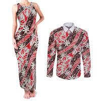 Uteute Tahiti Tiare Monstera Couples Matching Tank Maxi Dress and Long Sleeve Button Shirt Polynesian Pattern Curve Style LT01 Red - Polynesian Pride