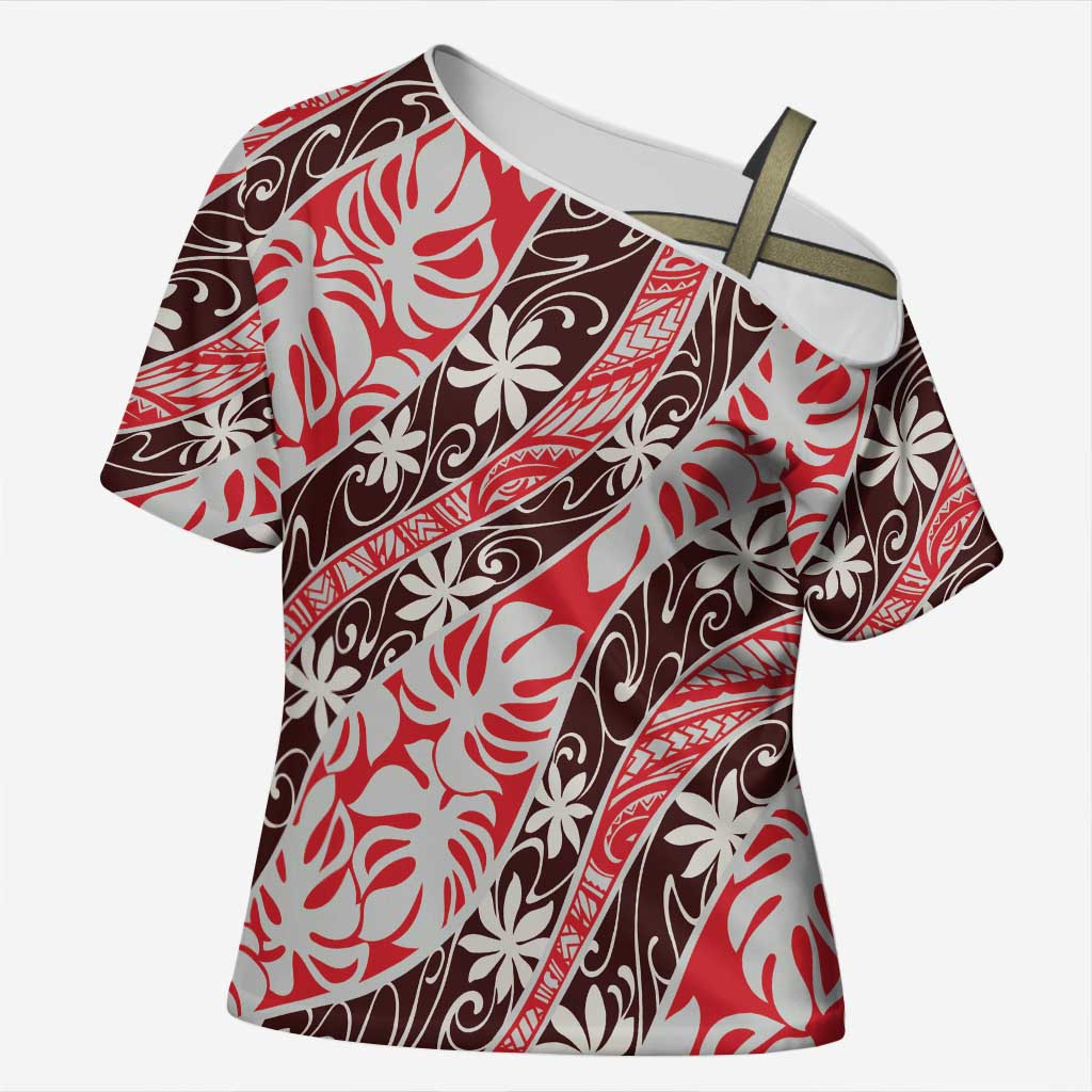 Uteute Tahiti Tiare Monstera Cross Shoulder Shirt Polynesian Pattern Curve Style LT01 Female Red - Polynesian Pride