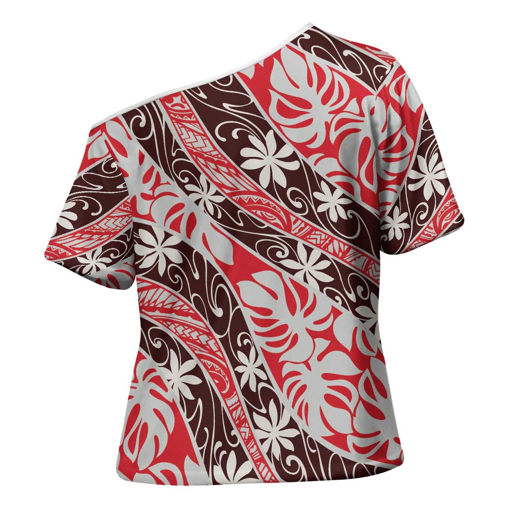 Uteute Tahiti Tiare Monstera Cross Shoulder Shirt Polynesian Pattern Curve Style - Polynesian Pride