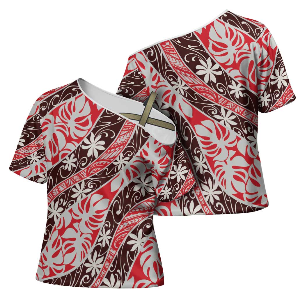 Uteute Tahiti Tiare Monstera Cross Shoulder Shirt Polynesian Pattern Curve Style - Polynesian Pride