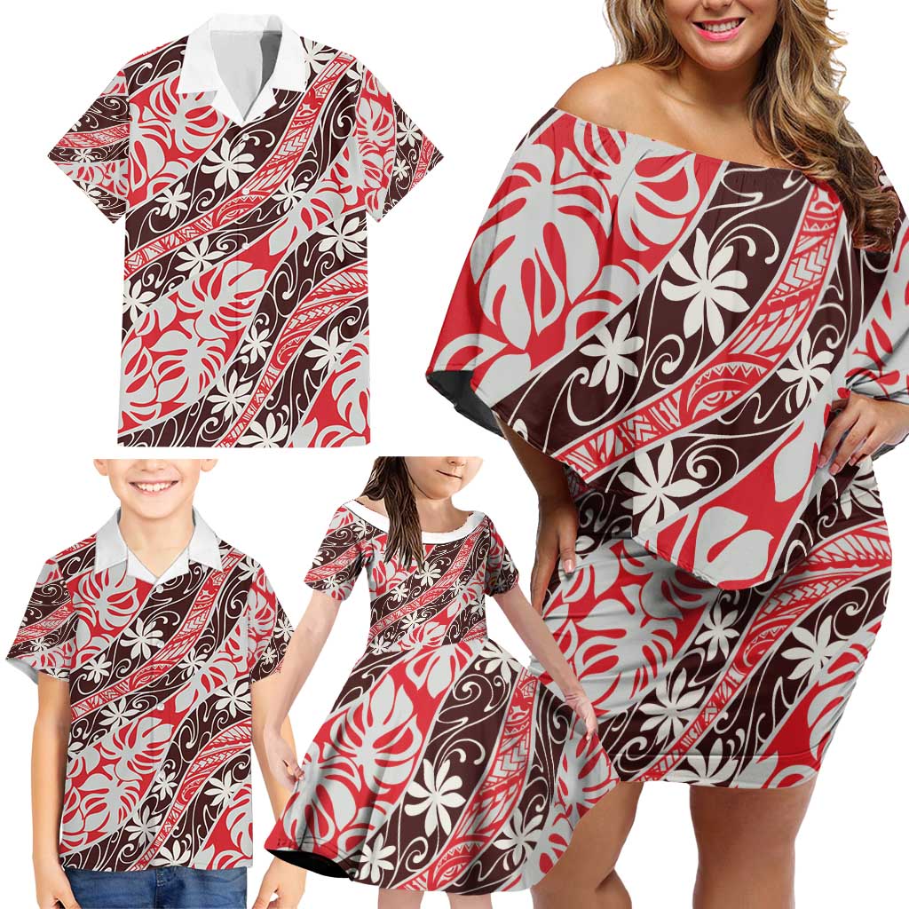 Uteute Tahiti Tiare Monstera Family Matching Off Shoulder Short Dress and Hawaiian Shirt Polynesian Pattern Curve Style - Polynesian Pride