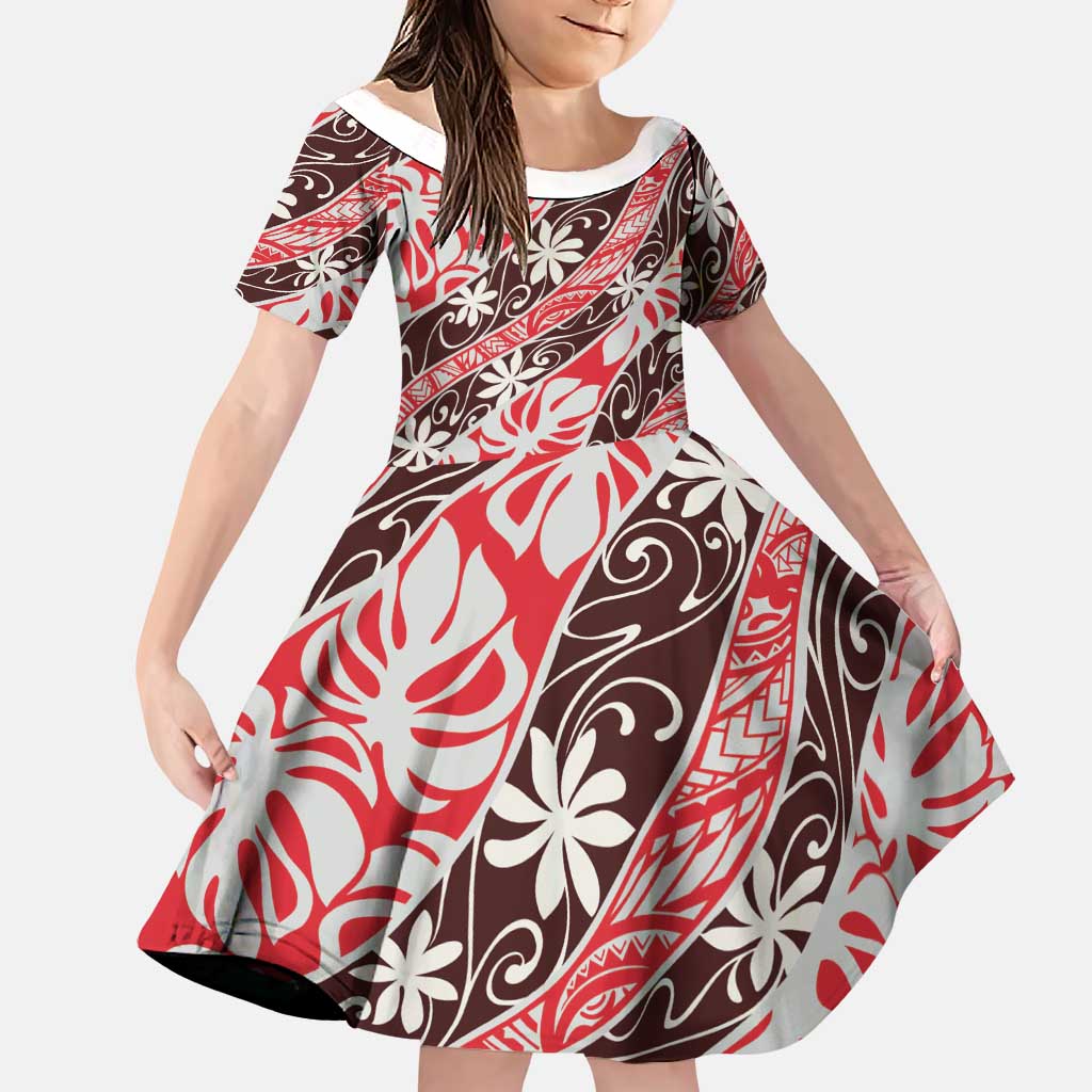 Uteute Tahiti Tiare Monstera Family Matching Puletasi and Hawaiian Shirt Polynesian Pattern Curve Style LT01 Daughter's Dress Red - Polynesian Pride