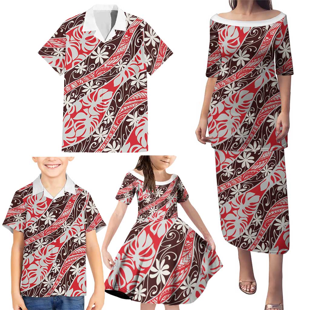 Uteute Tahiti Tiare Monstera Family Matching Puletasi and Hawaiian Shirt Polynesian Pattern Curve Style - Polynesian Pride