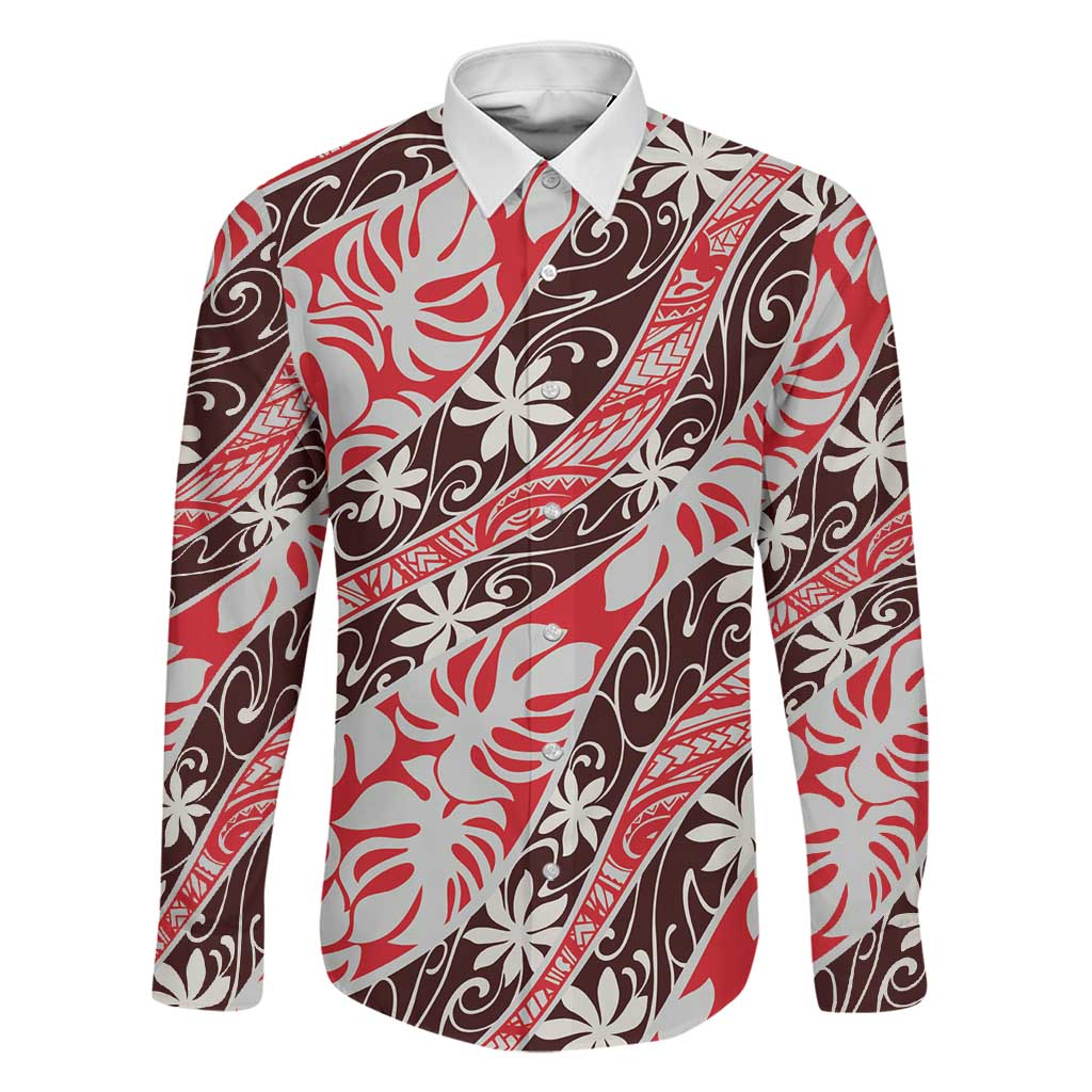 Uteute Tahiti Tiare Monstera Family Matching Puletasi and Hawaiian Shirt Polynesian Pattern Curve Style LT01 Dad's Shirt - Long Sleeve Red - Polynesian Pride