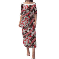 Uteute Tahiti Tiare Monstera Family Matching Puletasi and Hawaiian Shirt Polynesian Pattern Curve Style LT01 Mom's Dress Red - Polynesian Pride