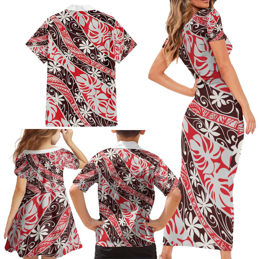 Uteute Tahiti Tiare Monstera Family Matching Short Sleeve Bodycon Dress and Hawaiian Shirt Polynesian Pattern Curve Style - Polynesian Pride