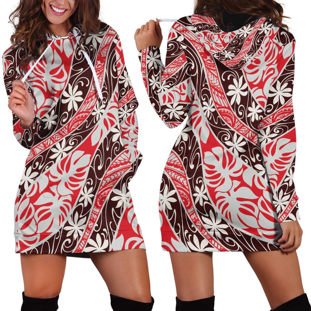 Uteute Tahiti Tiare Monstera Hoodie Dress Polynesian Pattern Curve Style - Polynesian Pride
