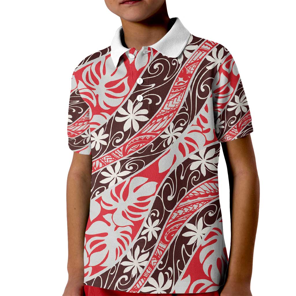 Uteute Tahiti Tiare Monstera Kid Polo Shirt Polynesian Pattern Curve Style - Polynesian Pride