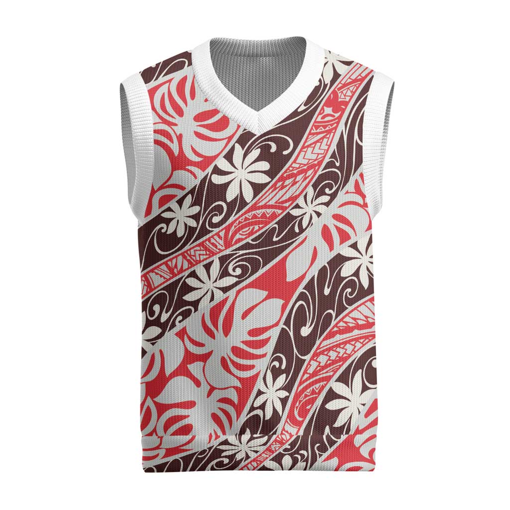 Uteute Tahiti Tiare Monstera Christmas Knitted V-Neck Vest Polynesian Pattern Curve Style - Polynesian Pride