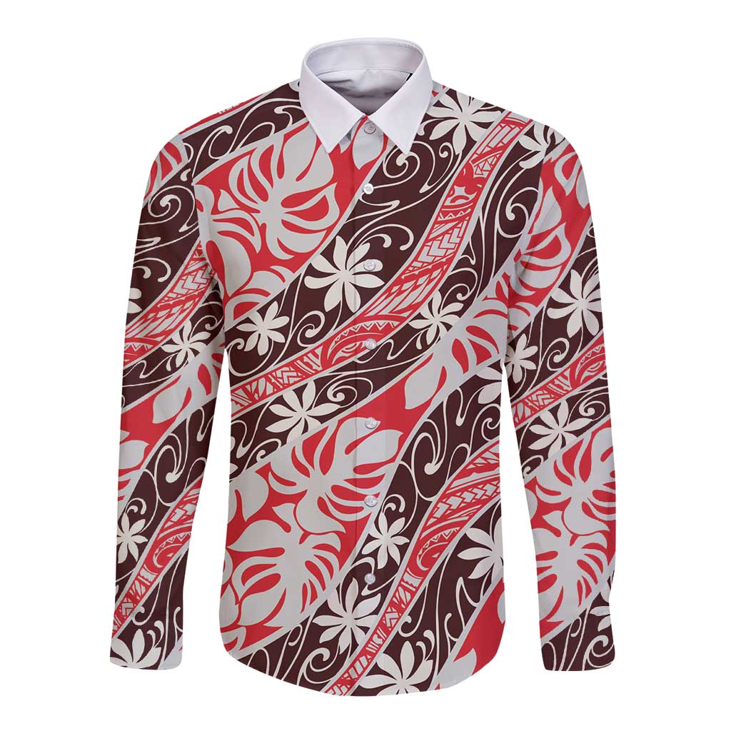 Uteute Tahiti Tiare Monstera Long Sleeve Button Shirt Polynesian Pattern Curve Style LT01 Unisex Red - Polynesian Pride