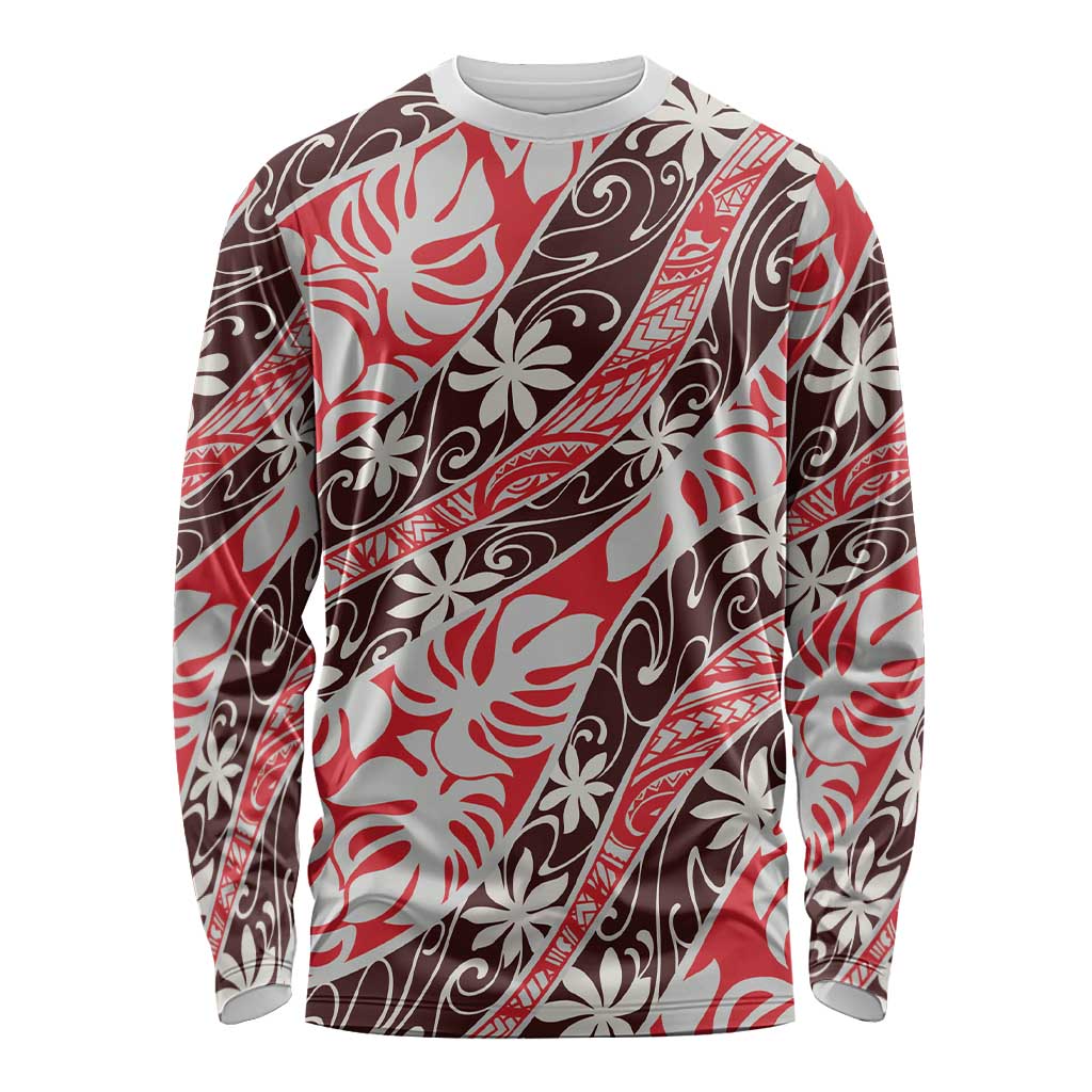 Uteute Tahiti Tiare Monstera Long Sleeve Shirt Polynesian Pattern Curve Style LT01 Unisex Red - Polynesian Pride