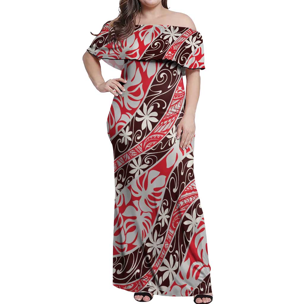 Uteute Tahiti Tiare Monstera Off Shoulder Maxi Dress Polynesian Pattern Curve Style - Polynesian Pride
