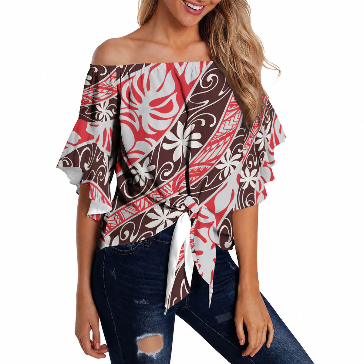 Uteute Tahiti Tiare Monstera Off Shoulder Wrap Waist Top Polynesian Pattern Curve Style LT01 - Polynesian Pride