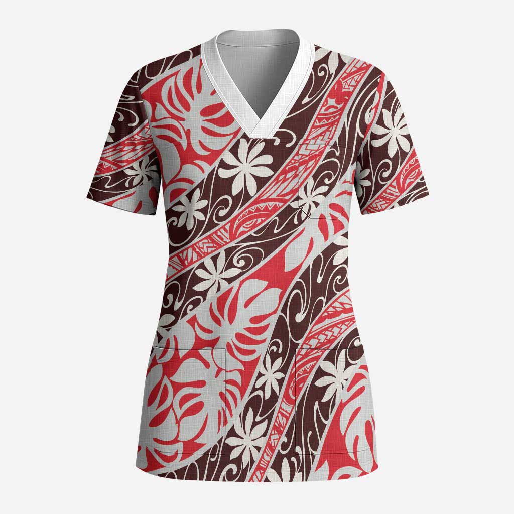 Uteute Tahiti Tiare Monstera Scrub Top Polynesian Pattern Curve Style LT01 Adult Red - Polynesian Pride