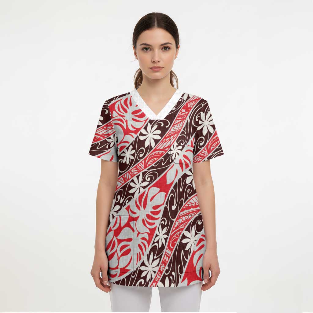 Uteute Tahiti Tiare Monstera Scrub Top Polynesian Pattern Curve Style LT01 - Polynesian Pride
