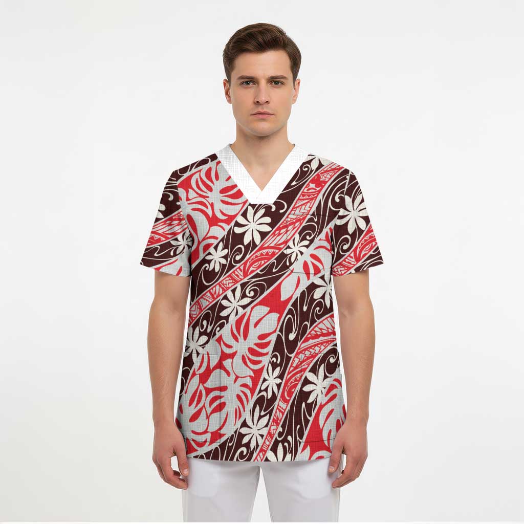 Uteute Tahiti Tiare Monstera Scrub Top Polynesian Pattern Curve Style LT01 - Polynesian Pride