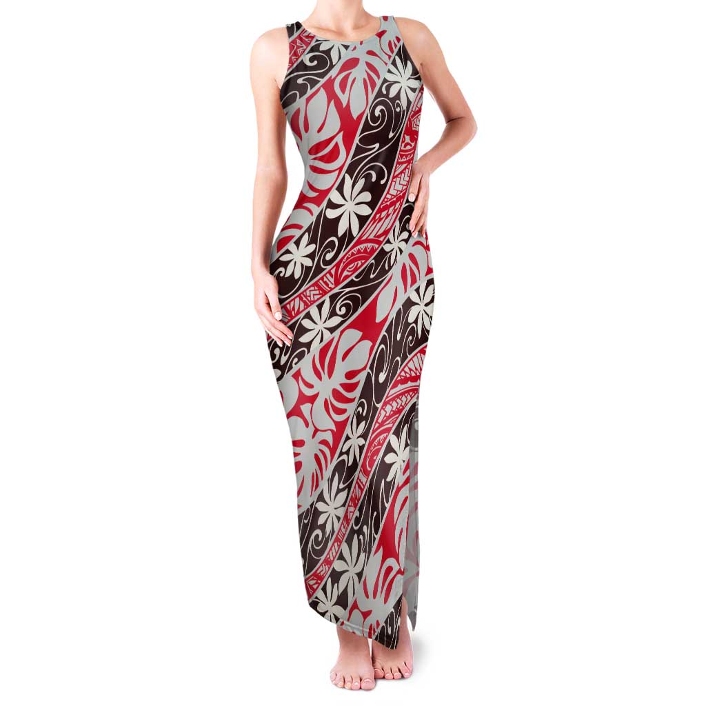 Uteute Tahiti Tiare Monstera Tank Maxi Dress Polynesian Pattern Curve Style - Polynesian Pride