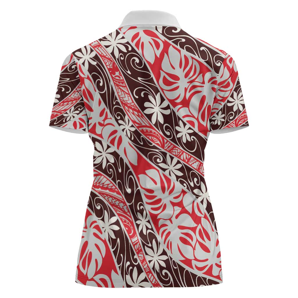 Uteute Tahiti Tiare Monstera Women Polo Shirt Polynesian Pattern Curve Style - Polynesian Pride