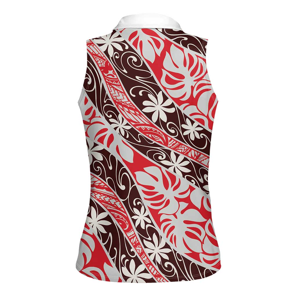 Uteute Tahiti Tiare Monstera Women Sleeveless Polo Shirt Polynesian Pattern Curve Style - Polynesian Pride