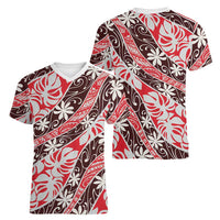 Uteute Tahiti Tiare Monstera Women V-Neck T-Shirt Polynesian Pattern Curve Style - Polynesian Pride