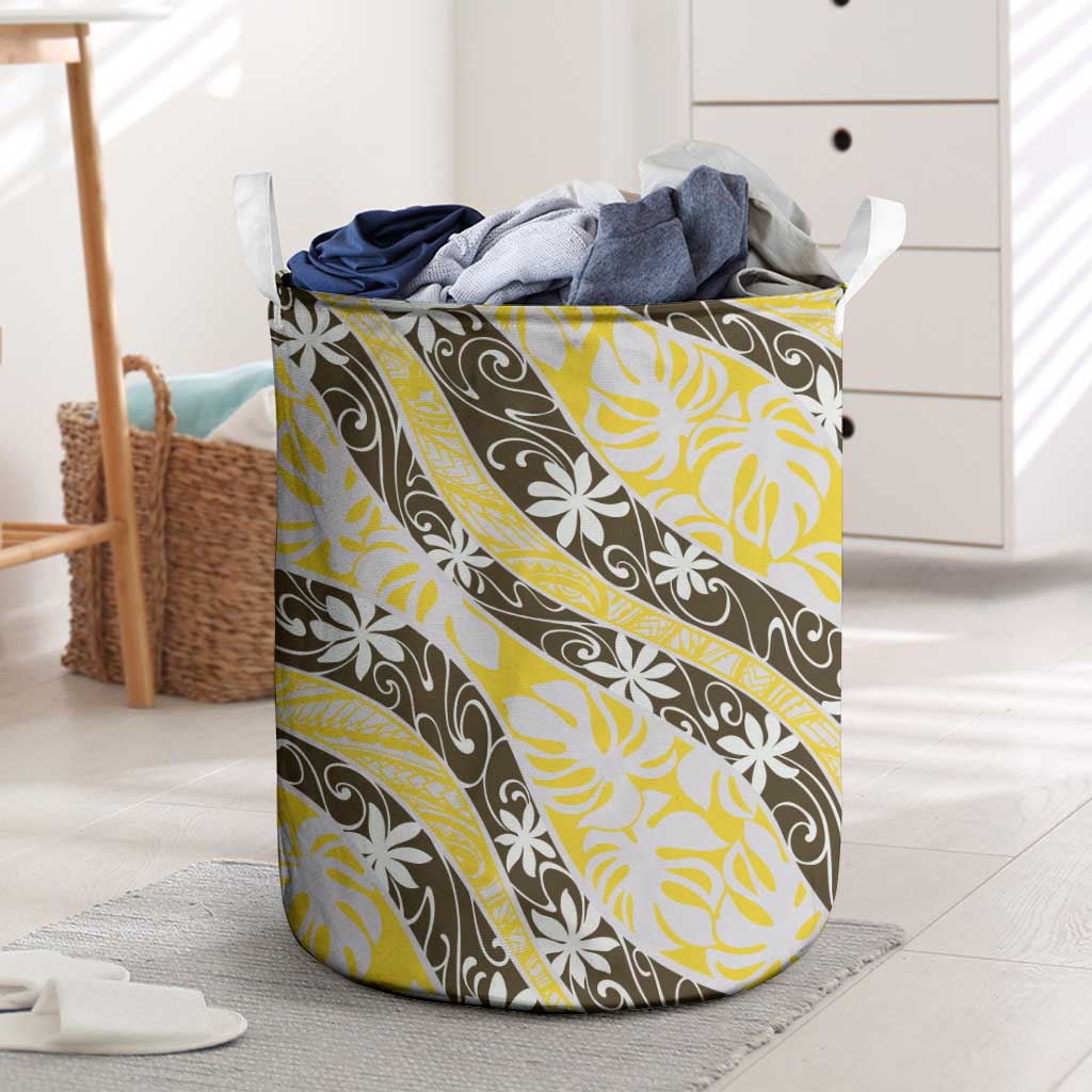 Rearea Tahiti Tiare Monstera Laundry Basket Polynesian Pattern Curve Style LT01 Yellow - Polynesian Pride