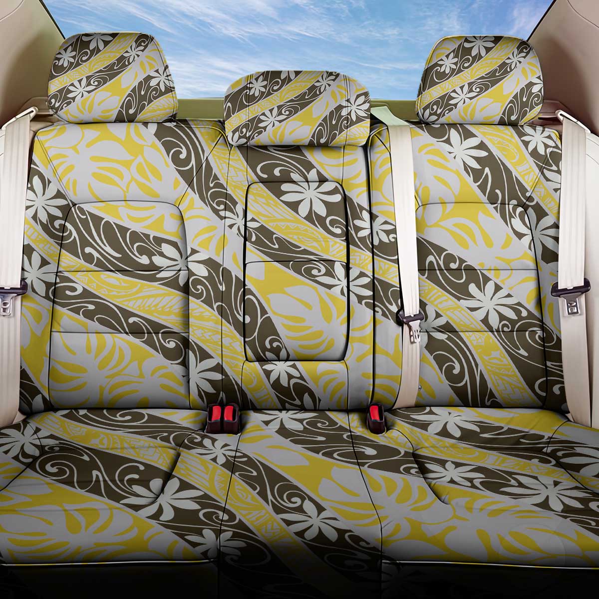 Rearea Tahiti Tiare Monstera Back Car Seat Cover Polynesian Pattern Curve Style - Polynesian Pride