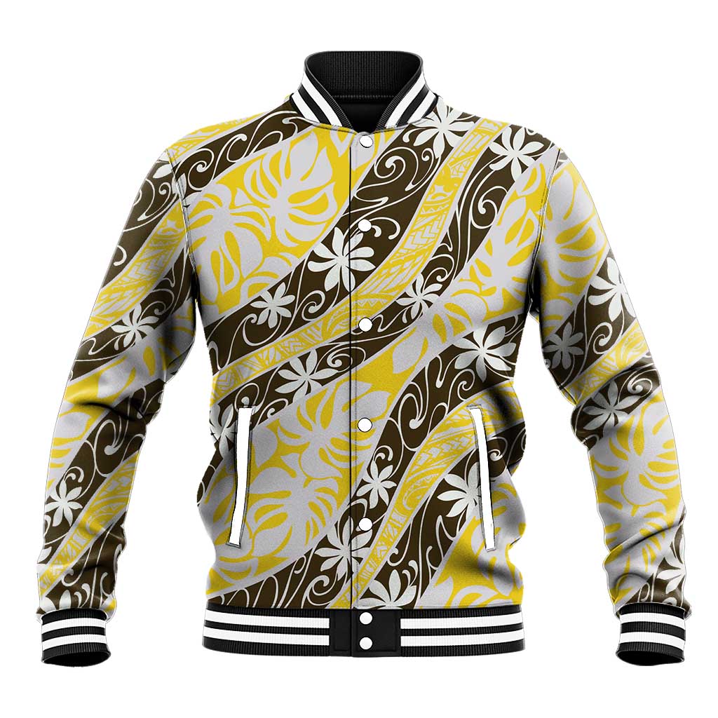 Rearea Tahiti Tiare Monstera Baseball Jacket Polynesian Pattern Curve Style LT01 Unisex Yellow - Polynesian Pride
