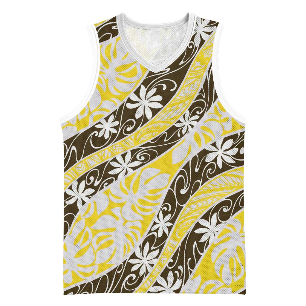 Rearea Tahiti Tiare Monstera Basketball Jersey Polynesian Pattern Curve Style LT01 Unisex Yellow - Polynesian Pride