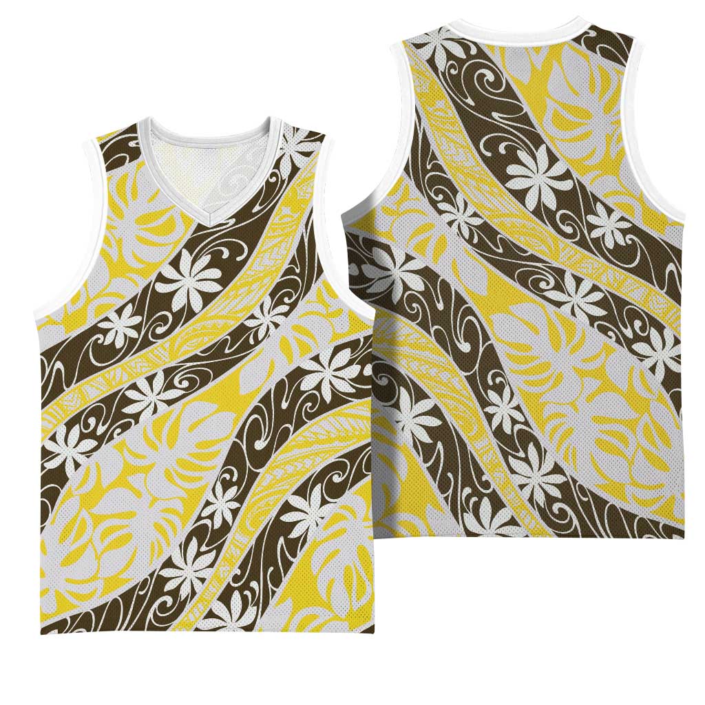 Rearea Tahiti Tiare Monstera Basketball Jersey Polynesian Pattern Curve Style LT01 - Polynesian Pride