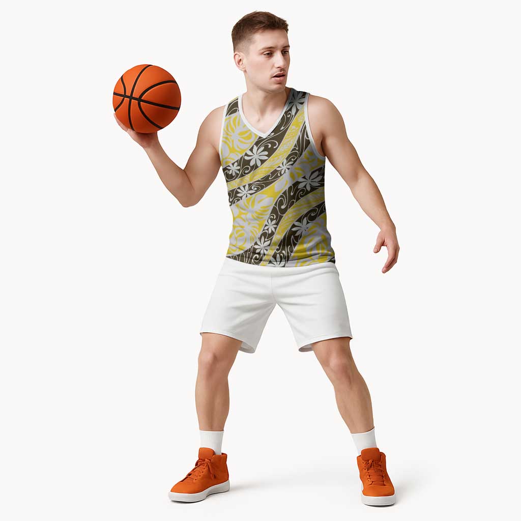 Rearea Tahiti Tiare Monstera Basketball Jersey Polynesian Pattern Curve Style LT01 - Polynesian Pride