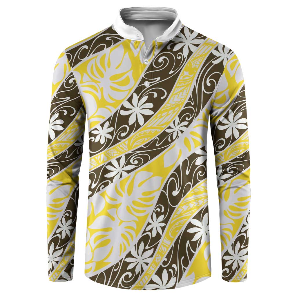 Rearea Tahiti Tiare Monstera Button Sweatshirt Polynesian Pattern Curve Style LT01 Yellow - Polynesian Pride