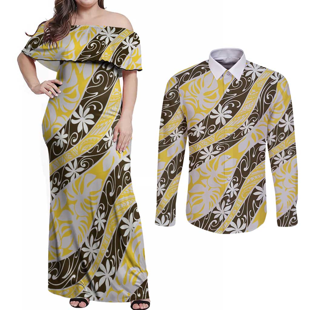 Rearea Tahiti Tiare Monstera Couples Matching Off Shoulder Maxi Dress and Long Sleeve Button Shirt Polynesian Pattern Curve Style LT01 Yellow - Polynesian Pride