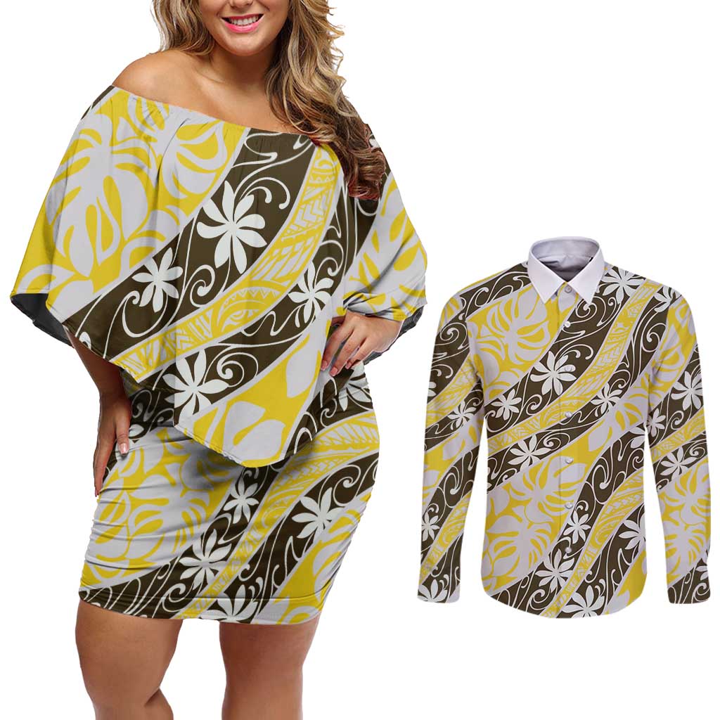 Rearea Tahiti Tiare Monstera Couples Matching Off Shoulder Short Dress and Long Sleeve Button Shirt Polynesian Pattern Curve Style LT01 Yellow - Polynesian Pride