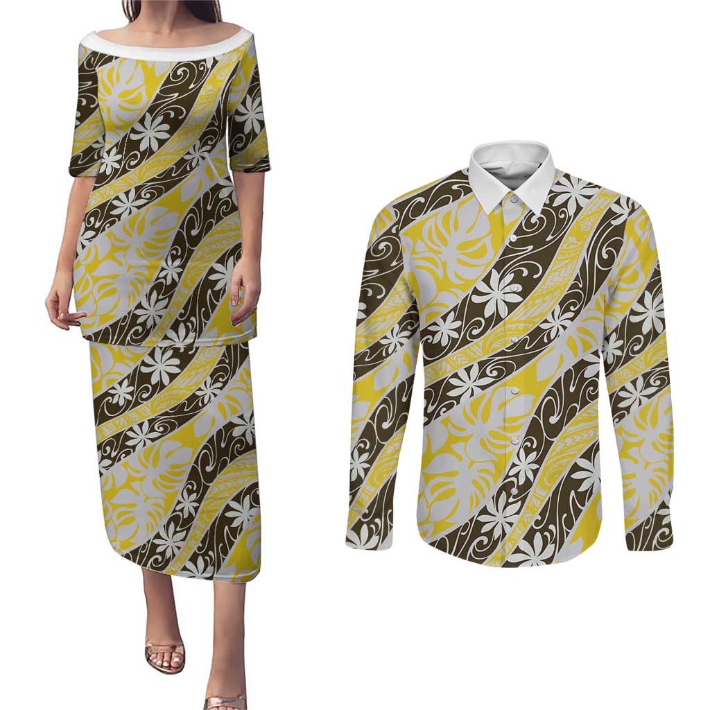 Rearea Tahiti Tiare Monstera Couples Matching Puletasi and Long Sleeve Button Shirt Polynesian Pattern Curve Style LT01 Yellow - Polynesian Pride
