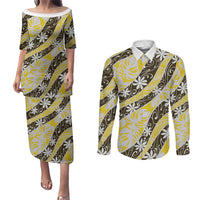 Rearea Tahiti Tiare Monstera Couples Matching Puletasi and Long Sleeve Button Shirt Polynesian Pattern Curve Style - Polynesian Pride